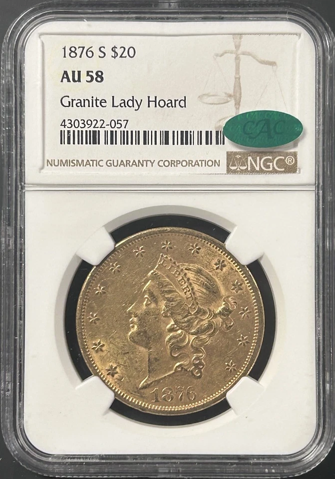 1876-S $20 Gold Liberty NGC AU58 CAC Granite Lady Hoard San Francisco Mint - Image 1 of 4