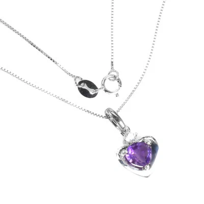 925 Argento Sterling Collana Cuore Ametista Viola 6mm Cz Gemma Gioielli 18 - Immagine 1 di 4