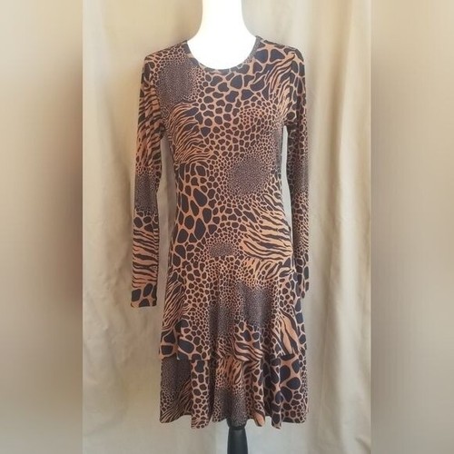 Mini abito Michael Kors stampa animalier taglia S marrone nero a strati con volant maglia elasticizzata