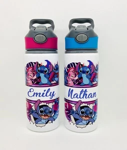 Personalised Kids Lilo Stitch Inspired Water Bottle 650ml School Flip Top Straw - Picture 1 of 8