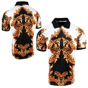 Mens Polo Shirt Black Luxury Gold Leaf Floral Paisley Slim Fit Stretch Casual - Picture 1 of 6