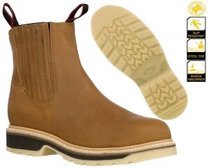 Mens Soft Toe Work Boots Leather Pull On Shock Absorbing Slip Resistant Honey