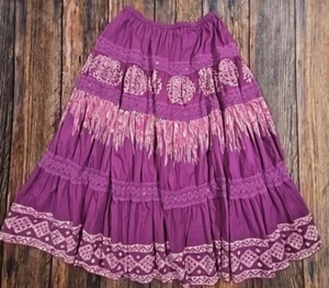 Phool Stufen Bauern Rock Boho 100% Baumwolle Häkelspitze Perlen Lila Damen M - Bild 1 von 9