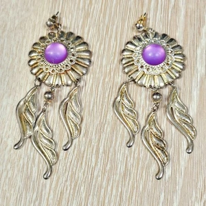 Purple & Gold Toned Dangle Earrings - Picture 1 of 2