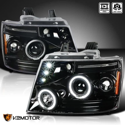 Jet Black Fits 2007-2014 Tahoe Avalanche Suburban LED Halo Projector Headlights - Imagem 1 de 4
