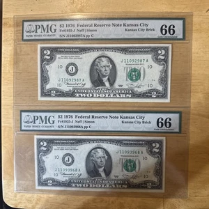 Two consecutive serial numbers $2 1976 FRN Kansas City Fr. 1935-J* Both - Picture 1 of 6
