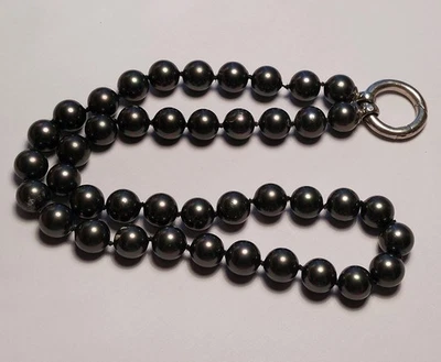 Peacock Grey Pearl Necklace Iridescent Hues Hand Knotted Chunky 925 Silver Clasp - Image 1 of 4