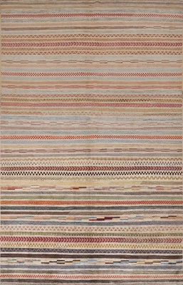 Vegetable Dye Modern Area Rug 6x10 Hand-knotted Wool Striped Colorful Carpet - Image 1 of 4