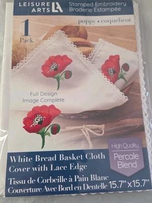 Leisure Arts Bread & Basket Cloth 15.7"x15.7" Poppy, Stamp Embroidery Cloth New Foto 1 de 4