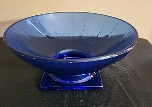 Vtg Art Deco L.E.Smith Ribbed Pedestal Cobalt Blue Glass Centerpiece Footed Bowl - Picture 1 of 7