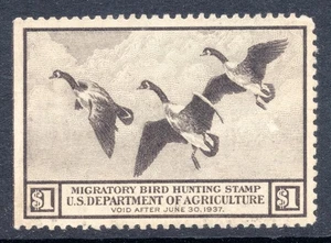 USA Hunting Permit Duck Stamp RW3 1936 $1 brown black unused CV $90 - Picture 1 of 2