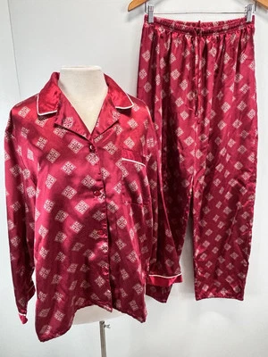 Vtg Kathryn 2 Pc Satin Pajama Set Sz Large Women’s Dark Red Shirt Pants Lounge - Image 1 of 4