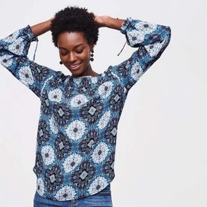 LOFT Größe Medium M blau Paisley Medaillon Biesen Langarm Bindebündchen Bluse - Bild 1 von 12