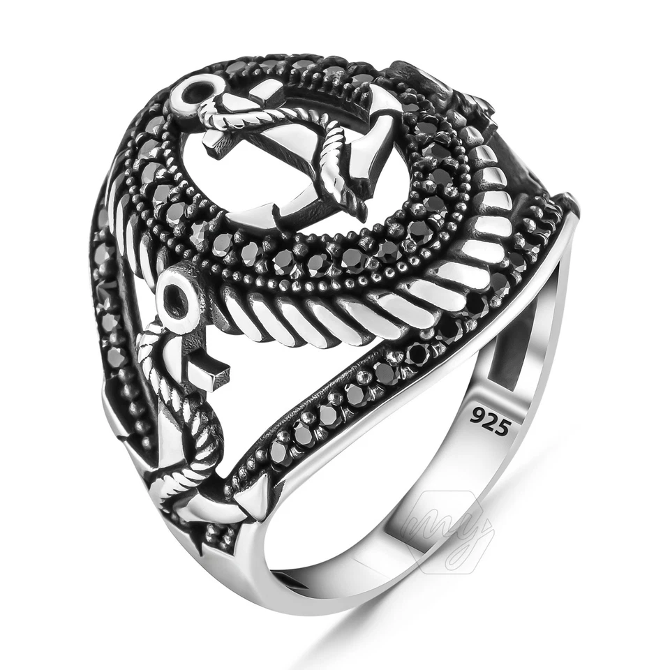 Anillo de ancla de marinero de micro piedra negra de plata de ley 925 para hombre Foto 1 de 3