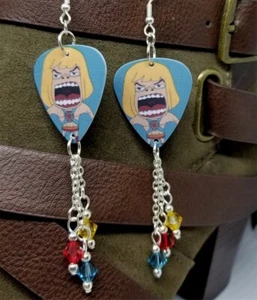 He-Man Guitar Pick Earrings with Swarovski Crystal Dangles - Picture 1 of 4