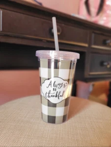Holidays Travel Tumbler w/Reusable Straw 16oz buffalo plaid black and white - Picture 1 of 2