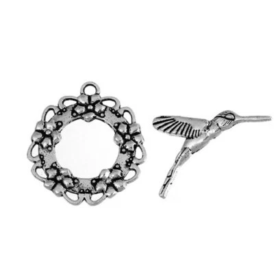 JULZ BEADS Hummingbird Toggle Clasps 10pcs - 28mm x 26mm - Antique Silver Tone Animals Bird