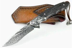 8'' Damascus Steel Blade ebony Handle Camping knife Folding Pocket Knife-ZL06682