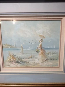 KONVOLUT 2 Ölgemälde, Strand viktorianische Frauen, Segelboote, signiert J MILLER - Bild 1 von 16