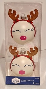 Holiday Time Set of 2. 3'' Glass Round Christmas Tree Ornaments Red Reindeer NEW - Picture 1 of 5