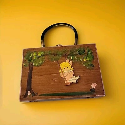 Vintage Kitsch 1970s Wooden Box Handbag Purse Handpainted Girl Pink Dress Kpop  - Image 1 of 4