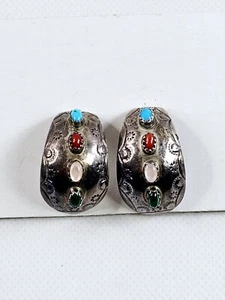 Half Hoop Sterling Silver & Multiple Stone Earrings Southwestern Signed R.M.J.  - Picture 1 of 13