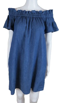 Vestido Corey Lynn Calter Cambray Hombro Descubierto Pequeño Azul Bolsillos Algodón Foto 1 de 4