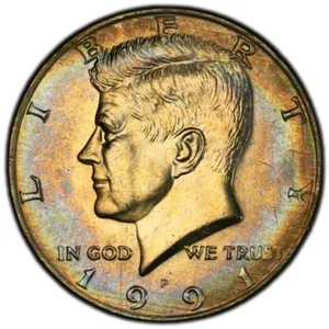 MS65 1991-P 50C Kennedy Half Dollar, PCGS Trueview- Rainbow Album Toned - Picture 1 of 6