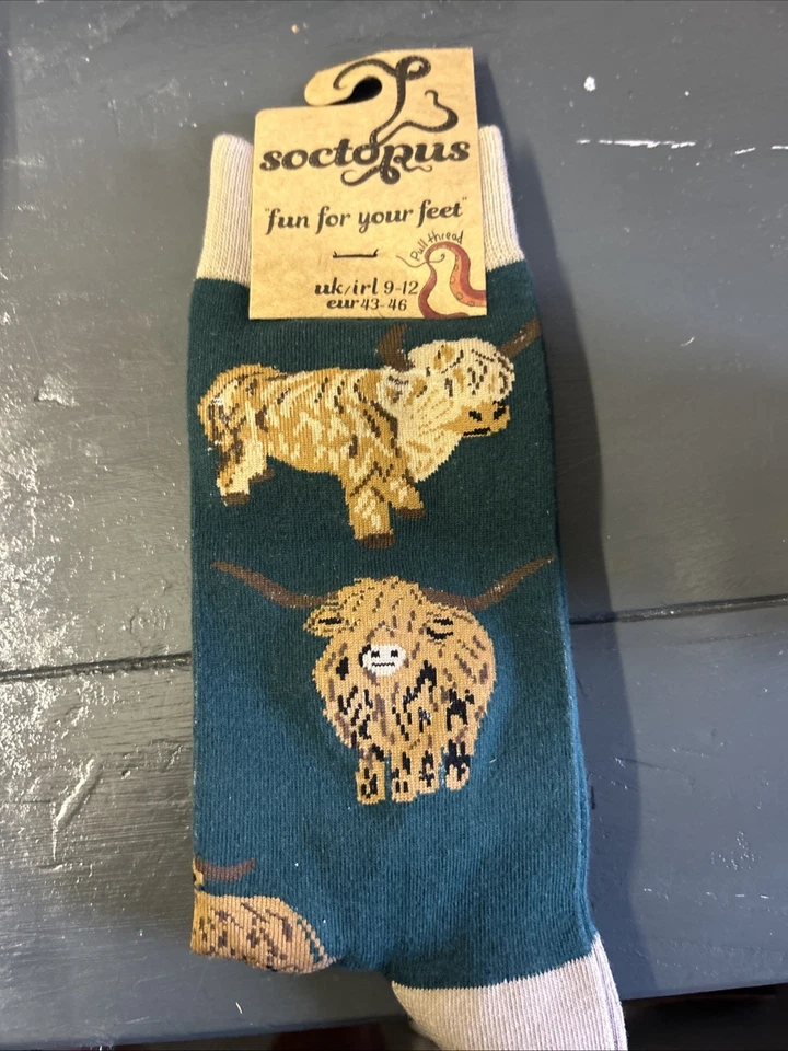 SOCTOPUS Highland Cow Socks Green Ladies Girls 4-8 Christmas Gift Cattle Coo New - Image 1 of 1