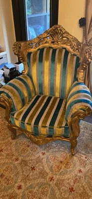 Unique French Baroque Style Armchair, Gold Colored Frame, Gold/Burgundy Fabric - Image 1 of 4