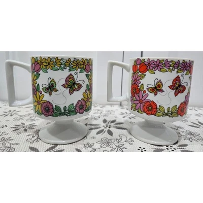 Tazas Pedestal Vintage Años 60-70 - Par - Diseño Retro Mariposa y Floral Foto 1 de 4