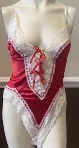 Vintage Red White 1980s Teddy Romper Lingerie Size Small Lace Nylon Lace Sexy - Picture 1 of 11