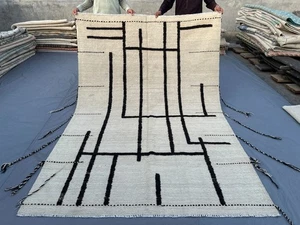 5'7" x 8'4" Modern Moroccan Style Afghan Hand-Knotted Wool Rug Black Line Carpet - Picture 1 of 11