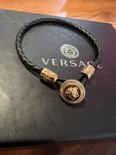 Nuovo bracciale Versace nero Medusa Biggie in pelle intrecciata taglia XL $325 vendita al dettaglio