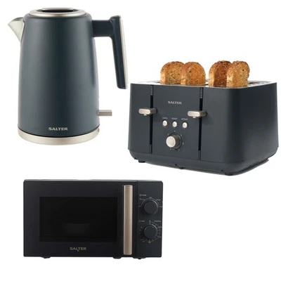 Salter Kettle 4 Slice Toaster Microwave Set Matching Kitchen Marino Blue Grey - Image 1 of 4