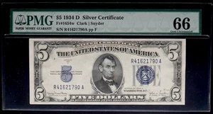 1934 D $5 Dollar Blue Seal Silver Certificate PMG 66 EPQ Gem Serial # R41621790A - Picture 1 of 2