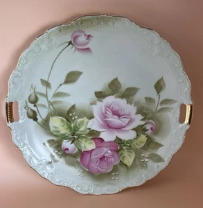 Lefton China Hand Painted Double Handled Light Green Cake Plate Ornate Pink Rose - Picture 1 of 8