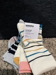 New Sonoma The Everyday Crew Socks 3-Pack Ivory Color Block Striped Sz 9-11 - Picture 1 of 5