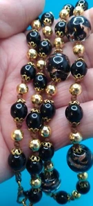 Vintage Venetian Black/Gold Hand-Knotted Sommerso Glass Bead Necklace 24" long. - Picture 1 of 7