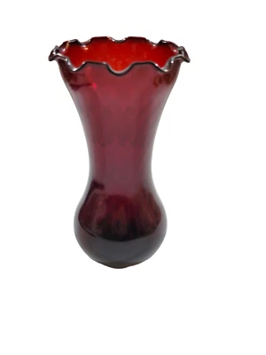 Vintage Anchor Hocking Optic Swirl Ruby Red Vase Crimped Rim 7" - Image 1 of 4