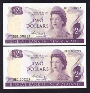 New Zealand P-164 aF (1967-68) $2 - Fleming. 1st Prefix OAO. UNC - CONSEC Pair - Bild 1 von 2
