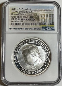 2020 Somalia Silver 200 Shillings -Donald Trump UHR PF-70UC FDOI NGC 2oz .999 - Picture 1 of 3