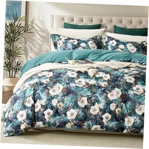 Floral Comforter Set;Vintage Garden Boho Bedding Comforter Queen Emerald Green - Picture 1 of 8