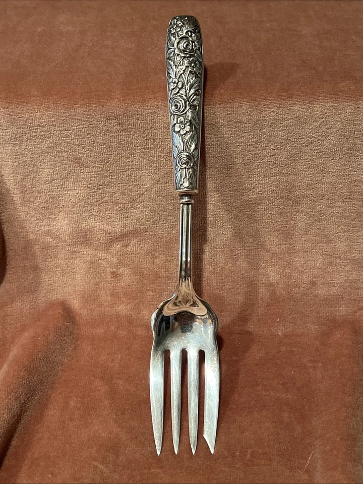STERLING HANDLE MEAT SERVING FORK REPOUSSE PATTERN ROSES 8.25” - Image 1 of 4
