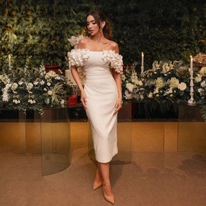 Sexy Short Wedding Dresses Off Shoulder Tea Length Lace 3D Flower Bridal Gowns - Picture 1 of 9