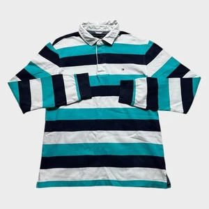 Tommy Hilfiger Men's Rugby Shirt White Striped Long Sleeve Polo Size Large - Picture 1 of 4