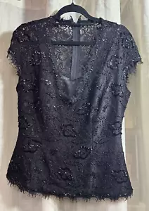 LIZ JORDAN BLOUSE WOMENS S BLACK LACE CAP SLEEVED V NECK SEQUIN evenning TOP - Picture 1 of 9