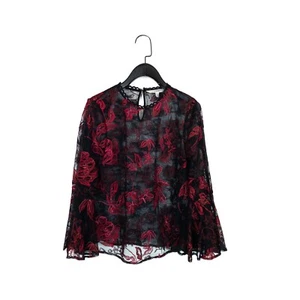 Coast Black Red Embroidered Lace Fluted Sleeve Blouse Top - Size 8 - Picture 1 of 6