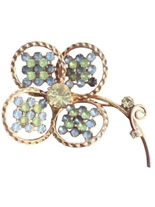 Vintage Gold-Tone Four-Leaf Clover Flower Brooch Pin Green Blue Rhinestones 2.5" - Picture 1 of 5