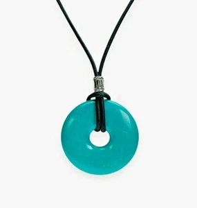 Turquoise Donut Unisex Necklace 35mm Black Leather Cord Stainless Steel Clasp - Picture 1 of 8